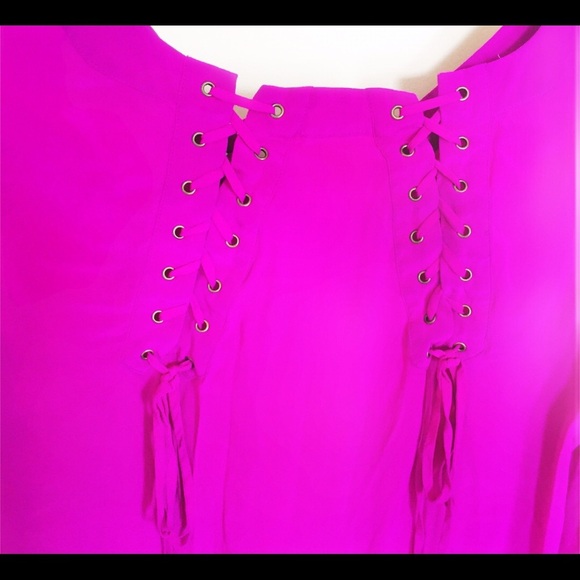 ARYN K (Anthropologie) Lace Up Blouse With 3/4 Length Sleeves Fuschia Pink Sz M - Picture 10 of 12